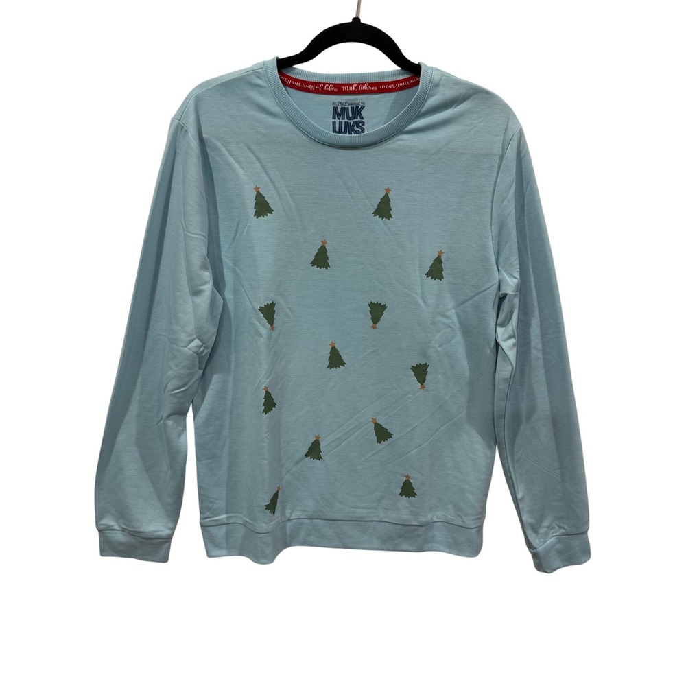 Muk Luks Womens Christmas Tree Print Sweatshirt Light Blue Holiday Pullover S